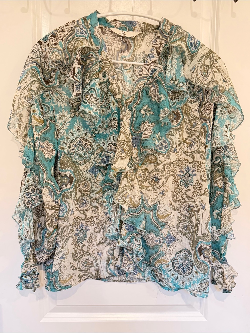 Last Queen Paris Teal Paisley Ruffle Blouse - Size S/M